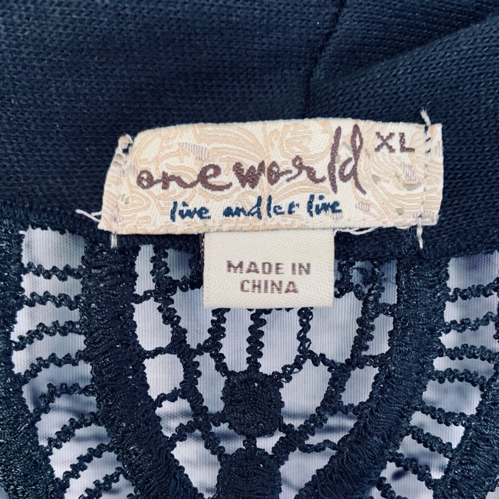 One World Crochet Lace Back Black Cardigan Open Front Size XL - Picture 2 of 8